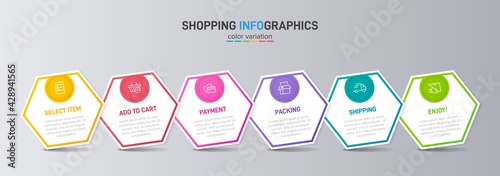 Concept of shopping process with 6 successive steps. Six colorful graphic elements. Timeline design for brochure, presentation, web site. Infographic design layout.