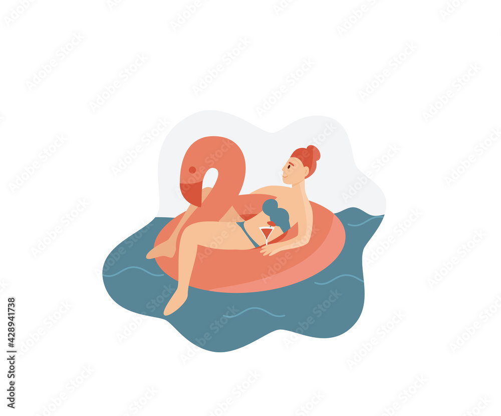 Rich woman relax with cocktail swimming inflatable ring Rich woman relax with cocktail swimming inflatable ring