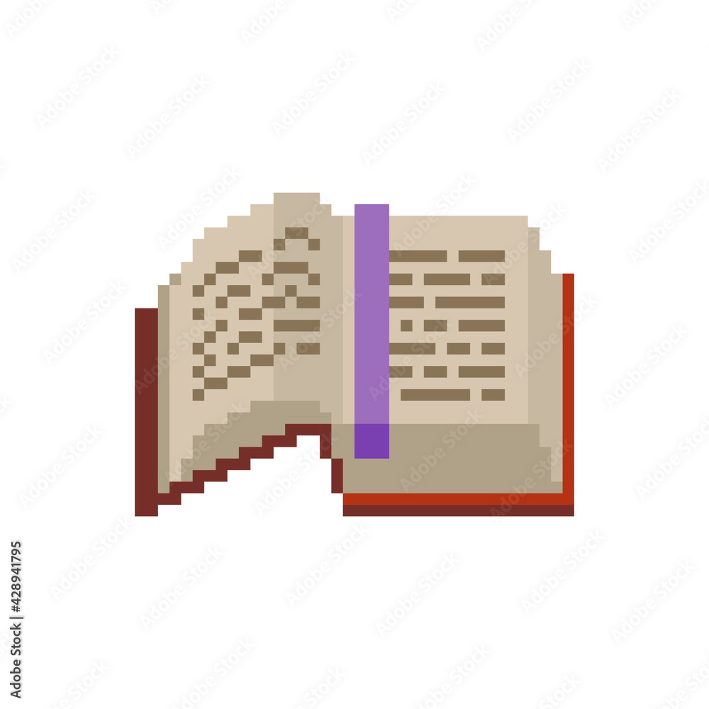 Open book with a bookmark. Flat style icon. Pixel art. Web site design. 8-bit. Isolated abstract vector illustration. Open book with a bookmark. Flat style icon. Pixel art. Web site design. 8-bit. Isolated abstract vector illustration.