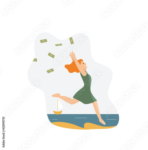 Happy rich wealthy woman throwing money in air