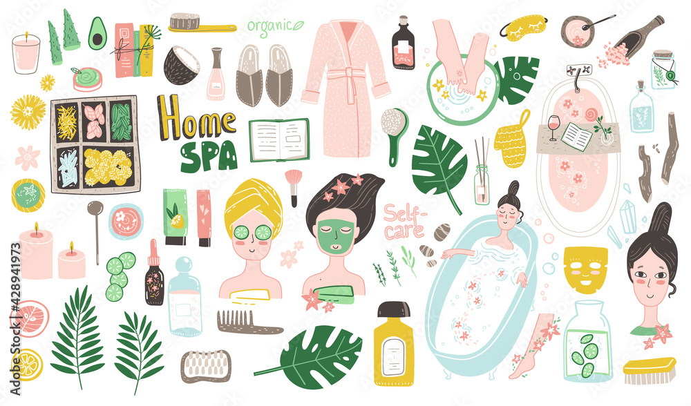 Home SPA doodle collection. Vector illustrations in naive cute style - obrazy, fototapety, plakaty 