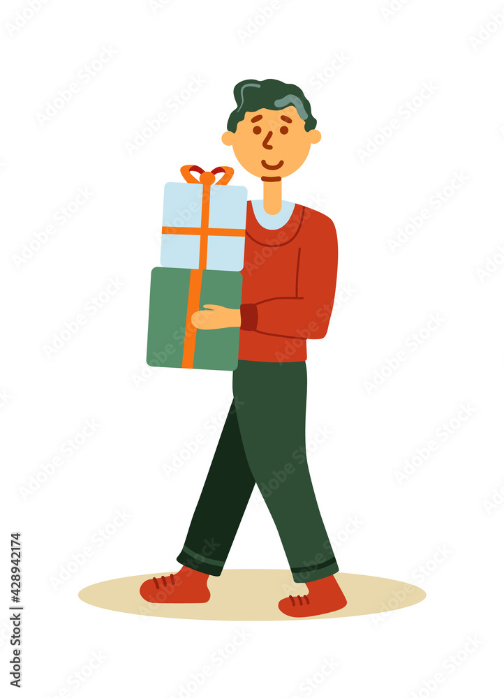 Man carrying gift box after shopping isolated on white