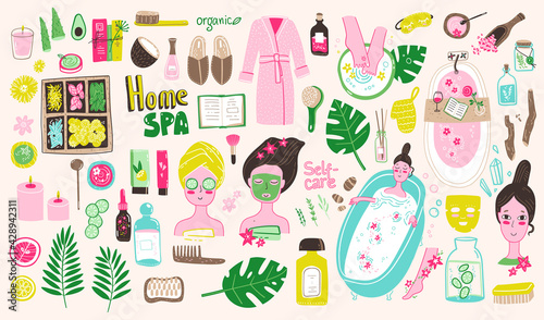 Home SPA doodle collection. Vector illustrations in naive cute style