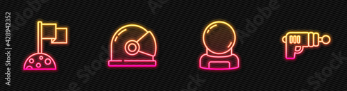 Set line Astronaut helmet, Moon with flag, and Ray gun. Glowing neon icon. Vector