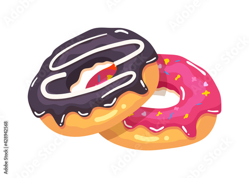Sweet donut with pink and chocolate glaze isolated on white