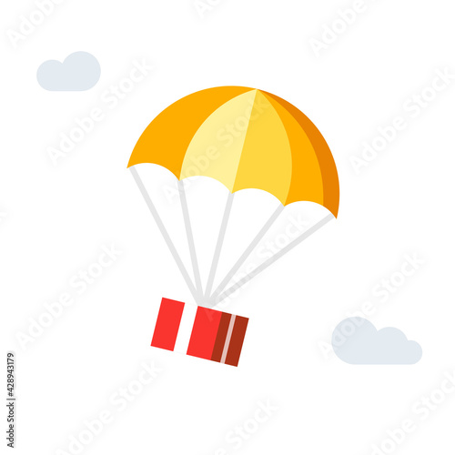 Parachute preset box flying from sky vector flat cartoon icon concept, gift pack send or postal package delivery service via air shipping isolated on white background