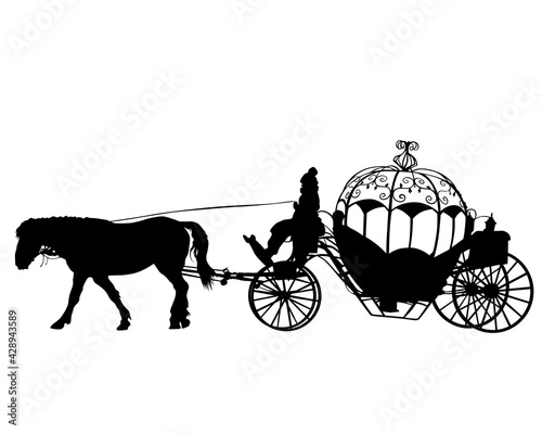 Old carriage with horses goes down the street. Isolated silhouette on white background
