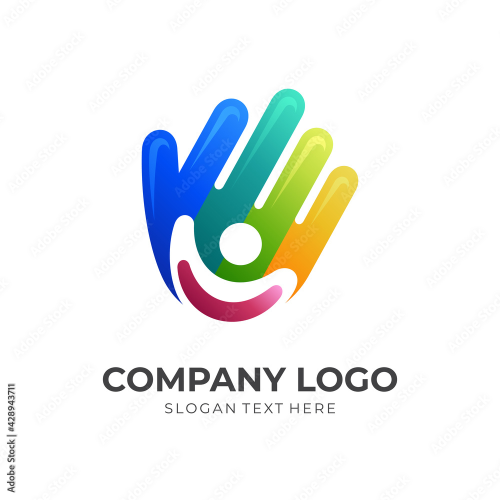 kids care logo, hand and people, combination logo with 3d colorful style kids care logo, hand and people, combination logo with 3d colorful style