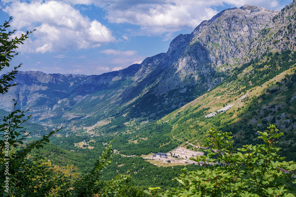 Summer landscape - Albanian mountains, covered with green trees and blue sky.