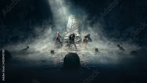 Vikings crew in a dark cave ready to fight against swamp monster under the protection of runes with fog and god ray - concept art - 3D rendering
