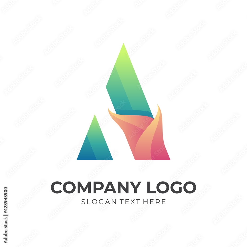 letter A logo design with 3d green and orange color style