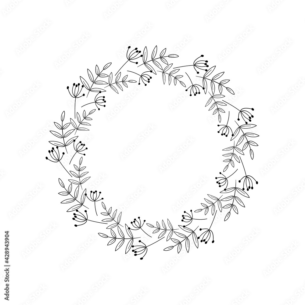Plant wreath of branches, leaves, berries. Black outline drawing on a white background. Floral frame for home decoration, congratulations, logo, tags. Hand drawn border. Holiday vector illustration Plant wreath of branches, leaves, berries. Black outline drawing on a white background. Floral frame for home decoration, congratulations, logo, tags. Hand drawn border. Holiday vector illustration