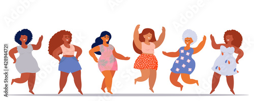 Happy fat women dance. A plus-size female with excess weight. Vector illustration. All bodies are beautiful Body positive. Girls in summer dresses relax.