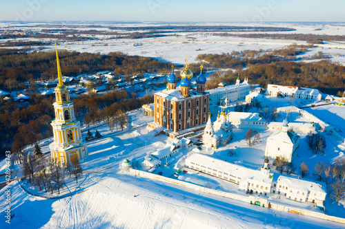 Scenic aerial view of architectural complex of ancient Ryazan Kremlin on sunny winter day  Russia