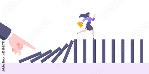 Domino effect or business cowardice metaphor vector illustration concept. Adult young businesswoman run away from hand falling domino line business concept problem solving and danger chain reaction.