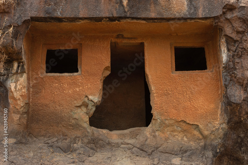 Façade of Cave No 26, Gandharpale Buddhist caves. Group of 30 Buddhist caves, 105 km south of Mumbai, near Mahad, Maharashtra, India