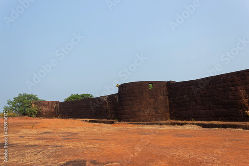 Bastions and outer walls of  Gopalgad Fort or  Anjanvel Fort.  Captured by the King Shivaji from Mohammed Adil Shahin 1660 AD. Anjanwel, Maharashtra, India.