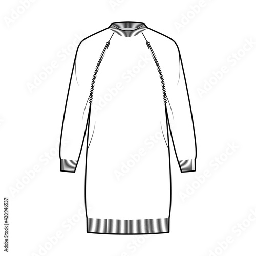 Fisherman dress Sweater technical fashion illustration with rib crewneck, long raglan sleeves, hip length, knit trim. Flat jumper apparel front, white color style. Women men unisex CAD mockup