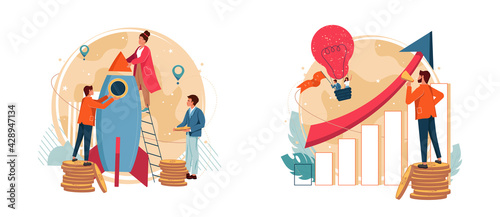 Startup collaboration, business venture concept vector illustration set. Creative team communicating and working together. Developers team, task management. Startup mentoring, business opportunity.