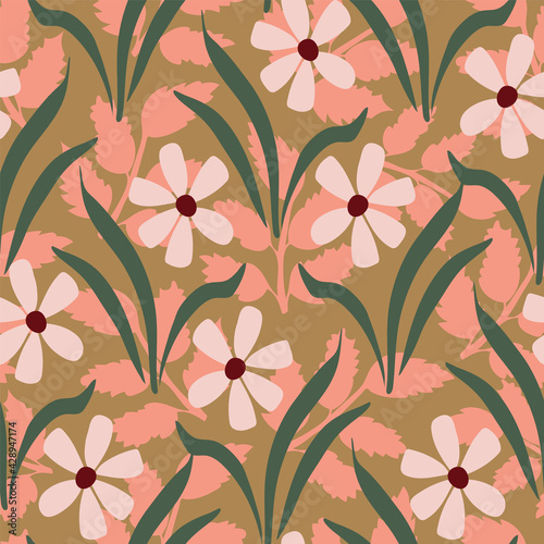Vector spring flowers and leaves seamless pattern background.
