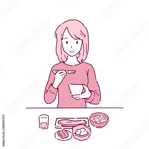 栄養バランスのとれた食事をする女性のイラスト