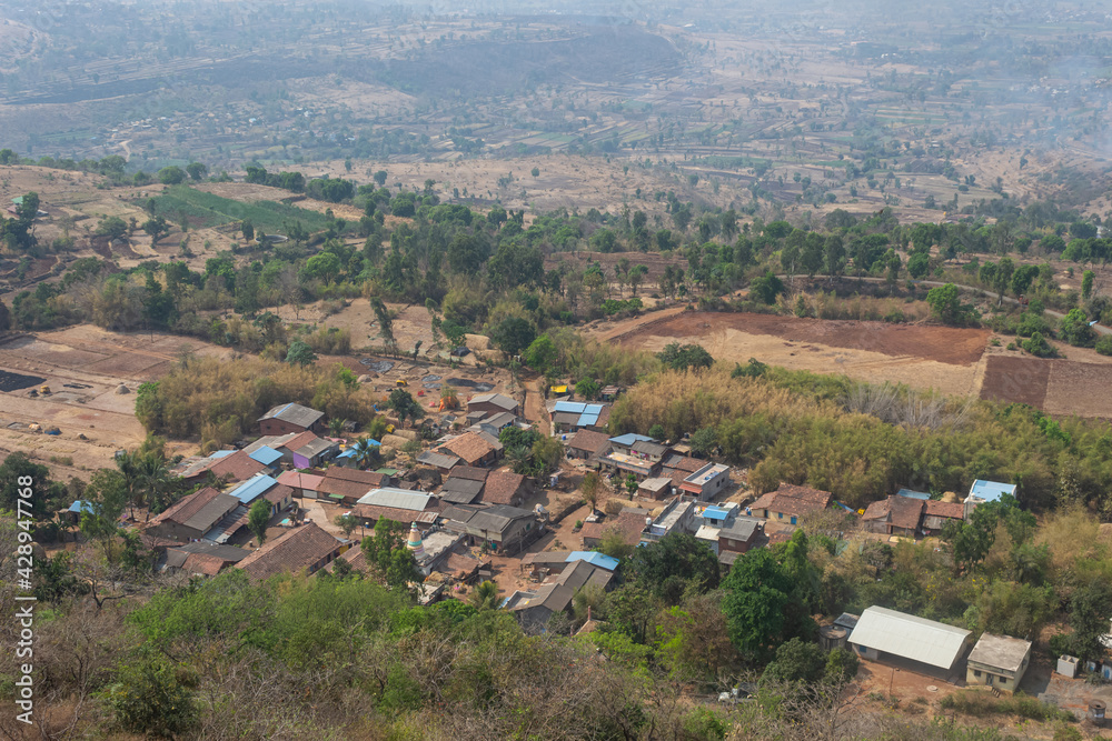 View of village houses from Panhala Fort, Kolhapur, Maharashtra, India.