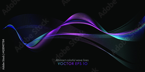 Abstract wave lines pattern dynamic colorful light flowing isolated on black background. Vector illustration design element in concept of music, party, technology, modern.