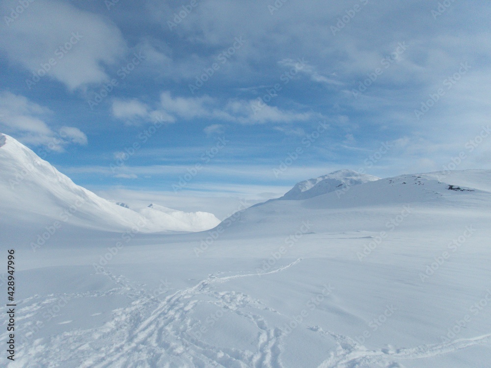 snowy winter landscape of Sarek national park in swedish lappland