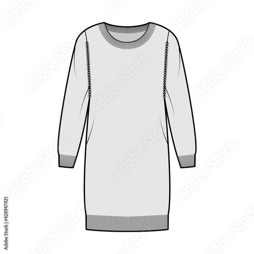 Dress Round neck Sweater technical fashion illustration with long sleeves, oversized body, knee length, knit rib trim. Flat jumper apparel front, grey color style. Women men unisex CAD mockup