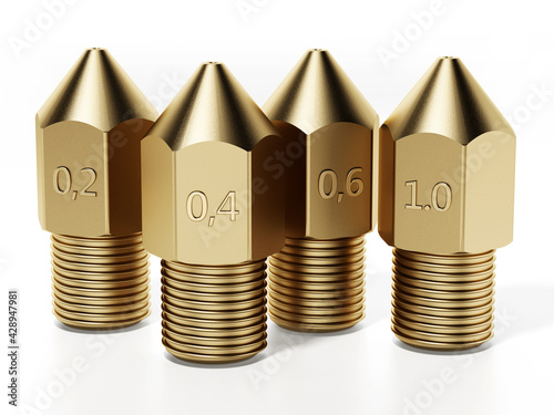 Brass 3D printer nozzles isolated on white background. 3D illustration photo