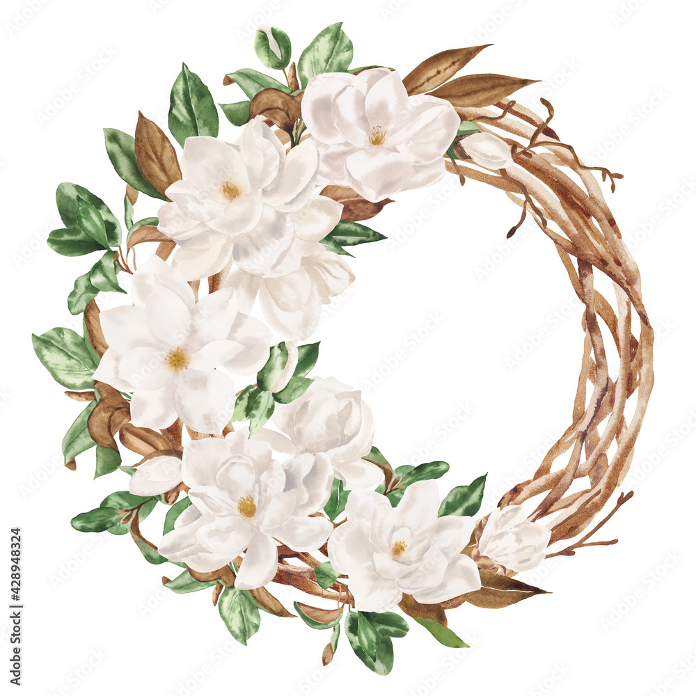 Obraz premium Hand drawn watercolor floral wreath of flowers white magnolia and green leaves. Perfect for creating cards, invitations, wedding design.