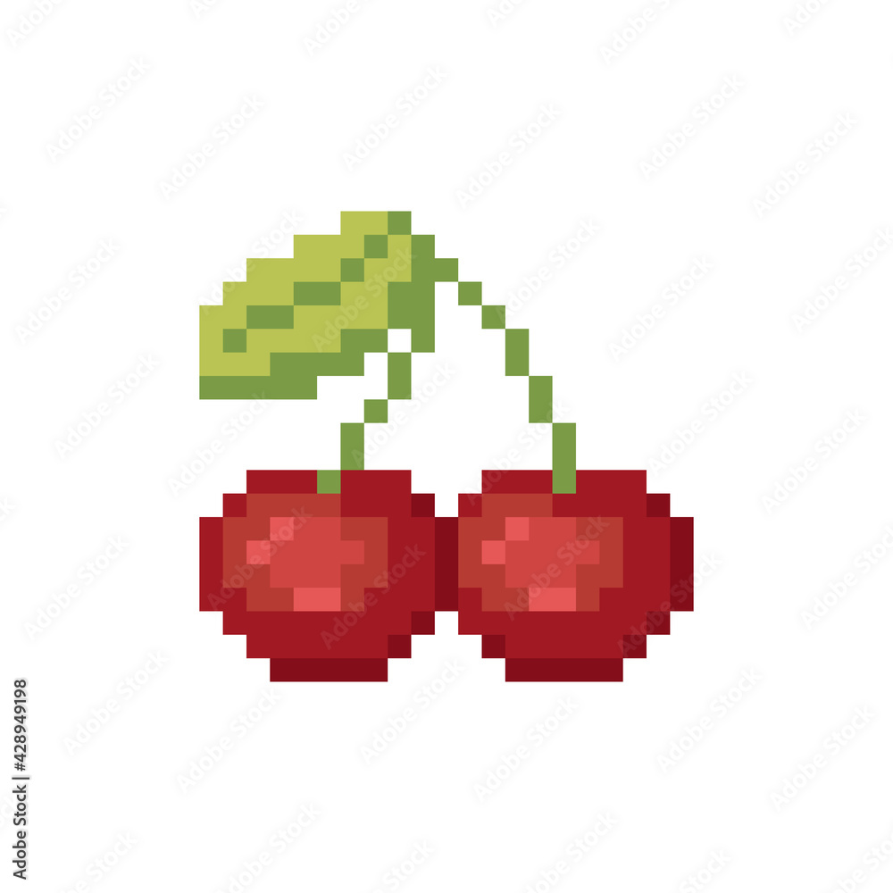 Pixel art red cherry icon. Pixelated retro game red Pair of cherries icons. 8 bit or 16 bit style cherry icon for game or web design. Cute Flat Vector pixel art red fruit, berry symbol.
