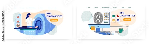 Mri diagnostics landing page design, website banner vector template set. Doctor doing magnetic resonance tomography.