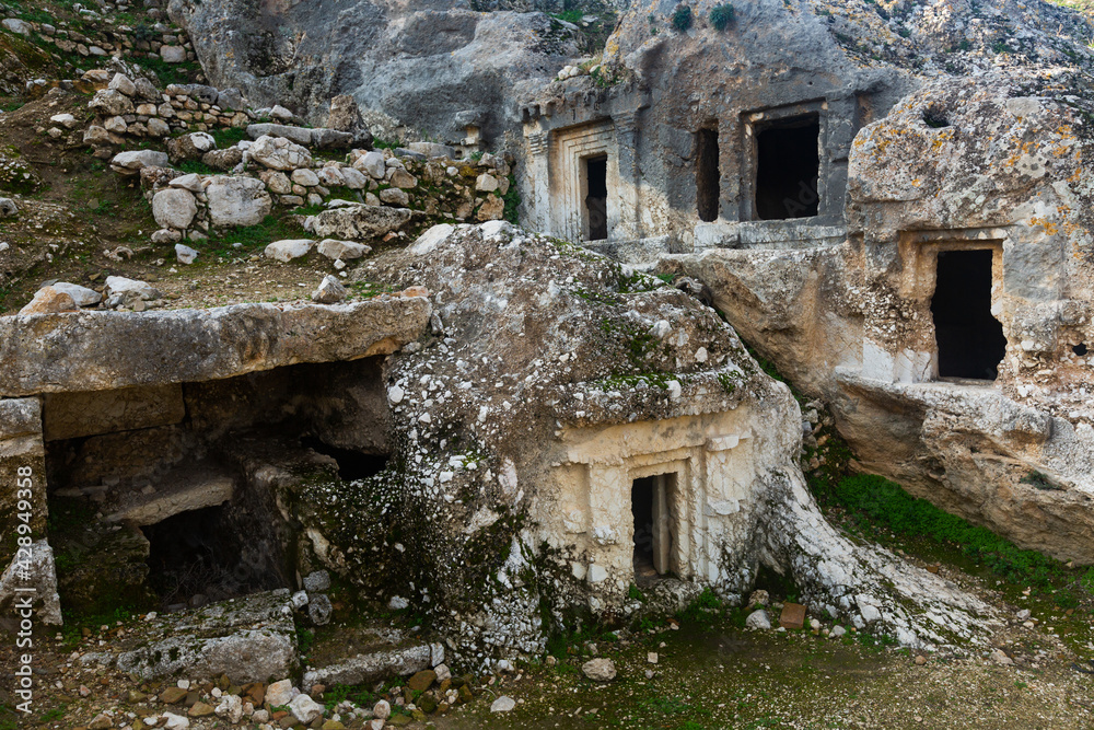 Remains of ancient Lycian rock hewn tombs in stone cliff in city of Tlos, Mugla Province, Turkey