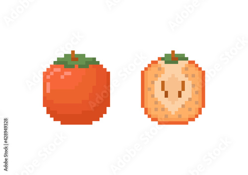 Pixel art orange persimmon icon set. Pixel retro game persimmon and half persimmon icons. 8 bit or 16 bit style persimmon icon for game or web design. Flat cute pixel fruit vector. © Takoyaki Shop