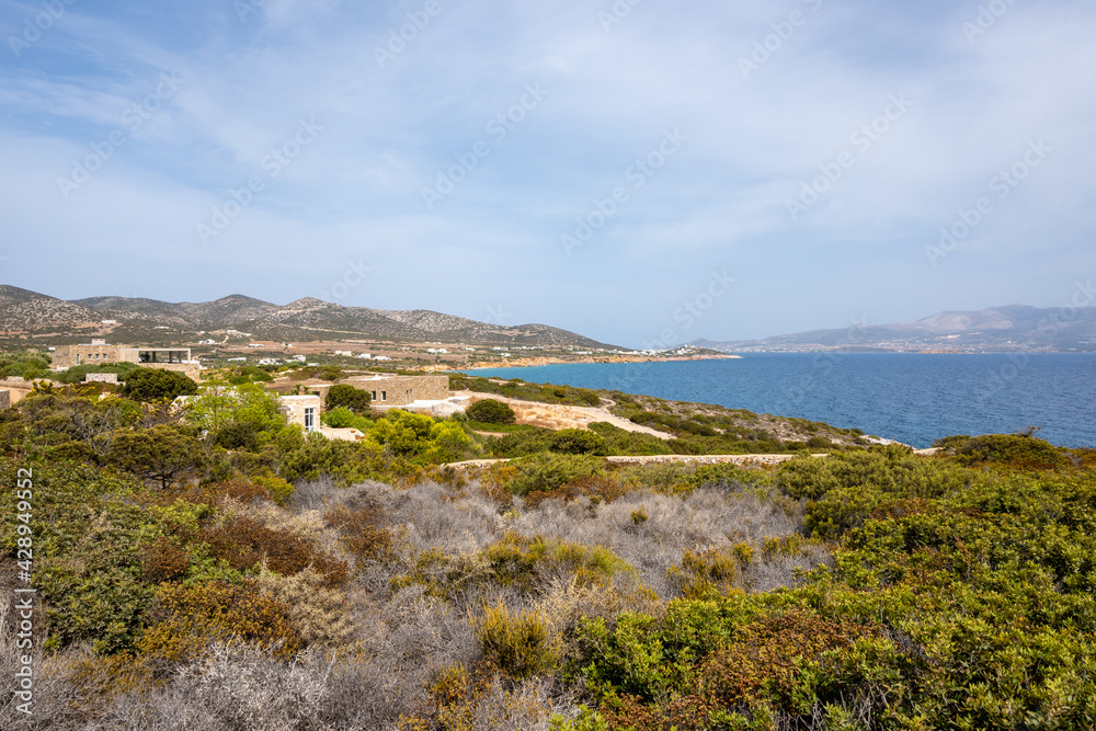 Antiparos coast. Summer villas overlooking the sea. Cyclades islands, Greece