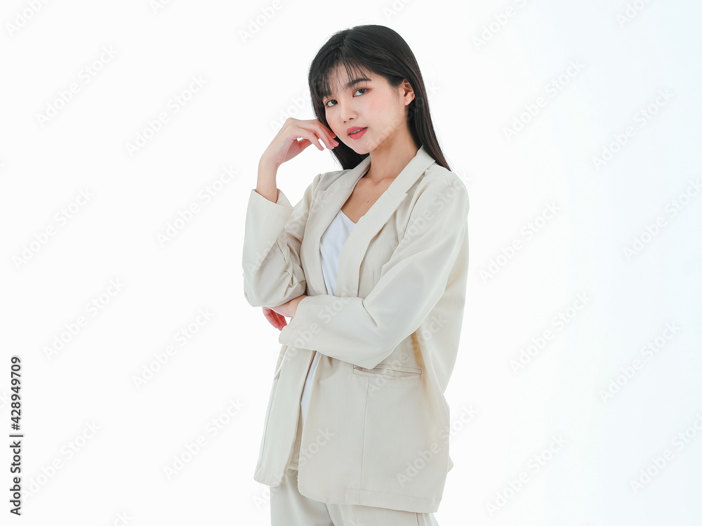 Young asian business woman posing to camera in gesture for advertising, presenting or demonstrate something with cheeful and positive action, isolated on white background Young asian business woman posing to camera in gesture for advertising, presenting or demonstrate something with cheeful and positive action, isolated on white background
