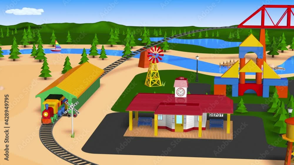 Toy Train Town Play Set with Bridge and Tunnel - 3D Illustration Animation - Seamless Loop