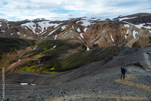 Landmannalaugar, Iceland - July 30, 2017: Hikers in volcanic mountains of Landmannalaugar in Fjallabak Nature Reserve. Iceland