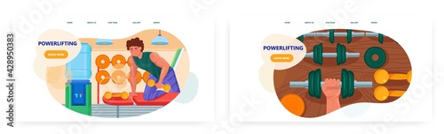 Powerlifting landing page design, website banner vector template set. Weightlifting, bodybuilding, strength gym workout.