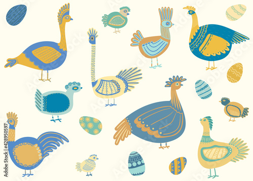 A set of stylized blue and orange chickens with empty eye sockets. Chickens and eggs.