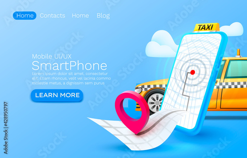 Smartphone call taxi banner concept, place for text, online application, taxi service.