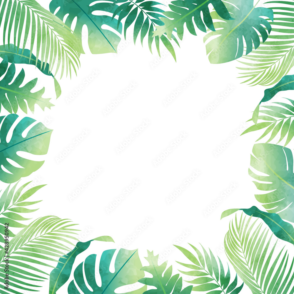 夏のモンステラやヤシの葉など数種類のトロピカルなベクターイラストフレーム コピースペース 水彩風 Stock Vector Adobe Stock