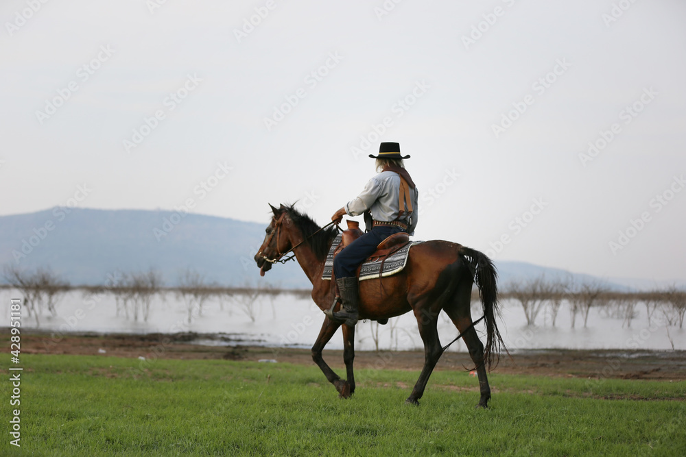 cowboy on horseback against a beautiful sunset, cowboy and horse at first light,mountain, river and lifestyle with natural light background.. cowboy on horseback against a beautiful sunset, cowboy and horse at first light,mountain, river and lifestyle with natural light background..