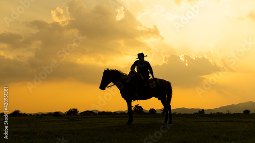 Silhouette Cowboy on horseback against a beautiful sunset, cowboy and horse at first light,mountain, river and lifestyle with natural light background.. © FotoArtist