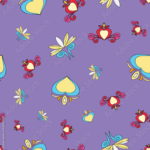 Vector purple background Brittany celtic, Breton trational folklore symbols seamless pattern. Seamless pattern background