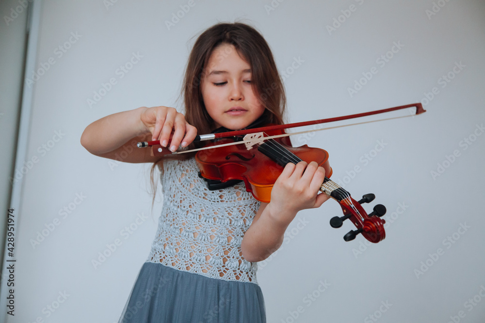 Little brunette girl in a beautiful dress playing violin indoors. Music instruments concept. Little brunette girl in a beautiful dress playing violin indoors. Music instruments concept.
