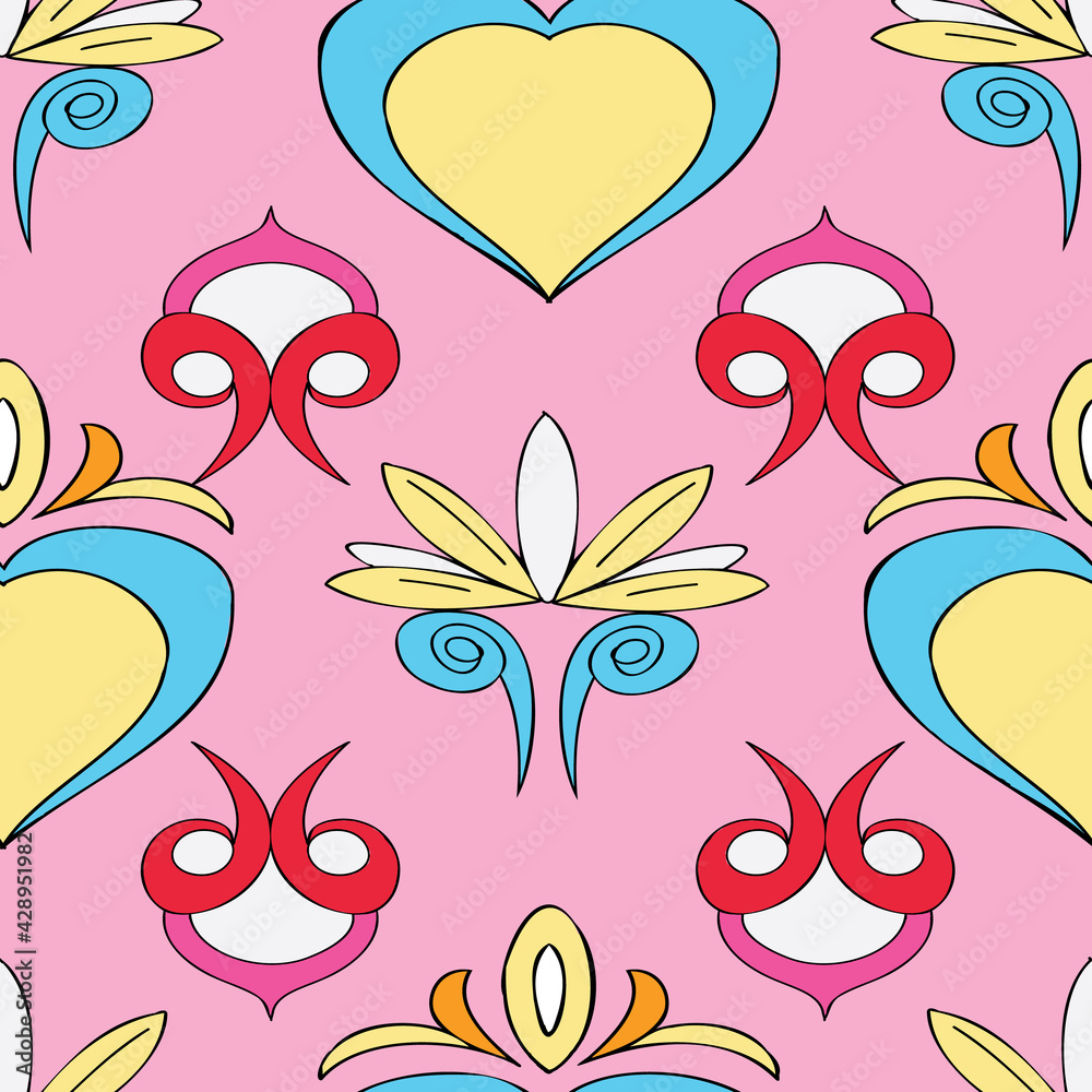Naklejka premium Vector pink background Brittany celtic, Breton trational folklore symbols seamless pattern. Seamless pattern background
