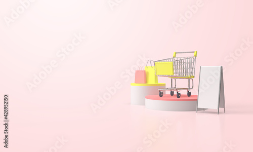 Realistic empty supermarket shopping cart on podium on pink background with empty space for text. Illustration of basket for supermarket, trolley retail metallic pushcart. 3d rendering.