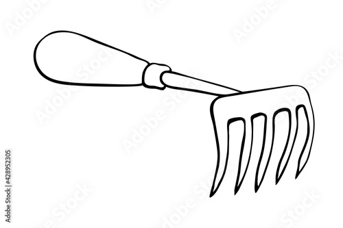 Hoe like small rake. Hand drawn outline vector illustration in doodle style, isolated. Gardening element. Tools for working in the garden, on the farm, in the dacha, country site